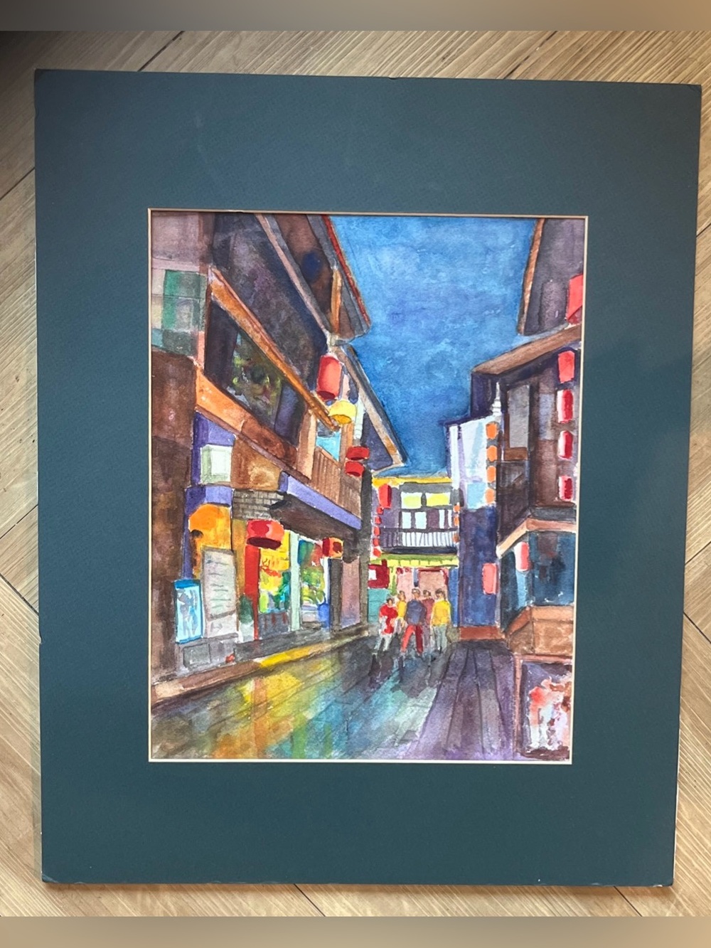 Original Watercolor Urban City Street Scene Artwork Matted Bright Colors 16"x20"